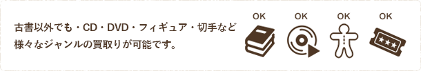 古書・漫画・CD・DVD・フィギュア・切手など、様々なジャンルの買取りが可能です